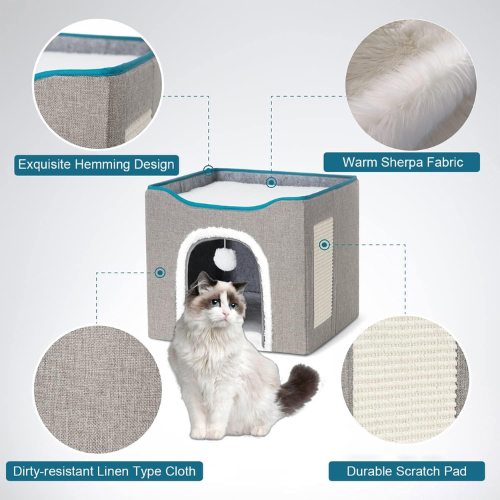 Cat Cave for Pet Cat House with Hanging Ball and Scratch Pad-Gray
