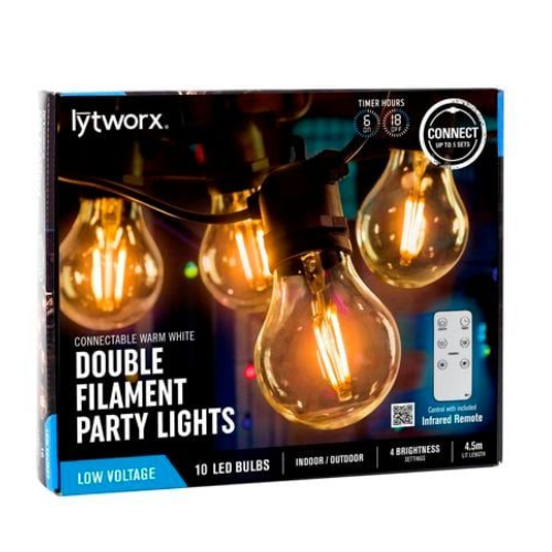 Warm White Connectable Double Filament LED Party Lights - 10 Pack